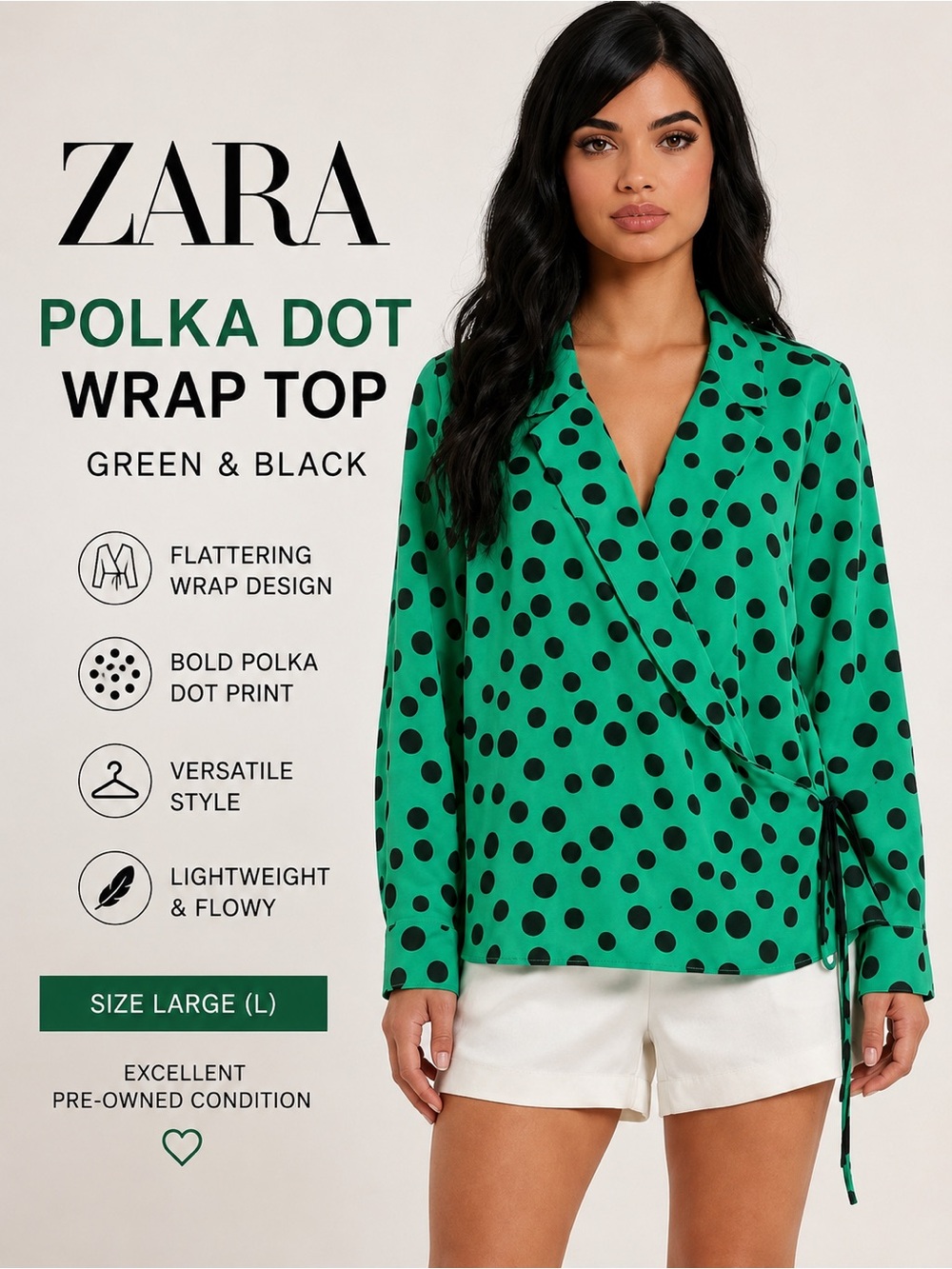 ZARA Green Black Polka Dot Wrap Blouse Side Tie Long Sleeve Top L
